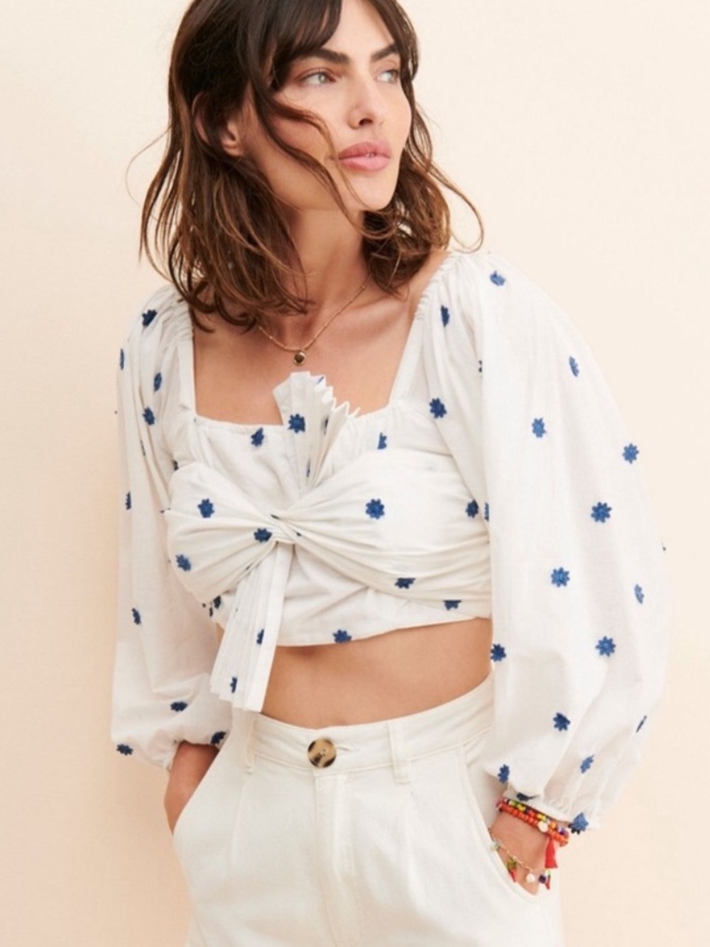 Farm Rio Flower Embroidered Cotton Crop Top White Blue